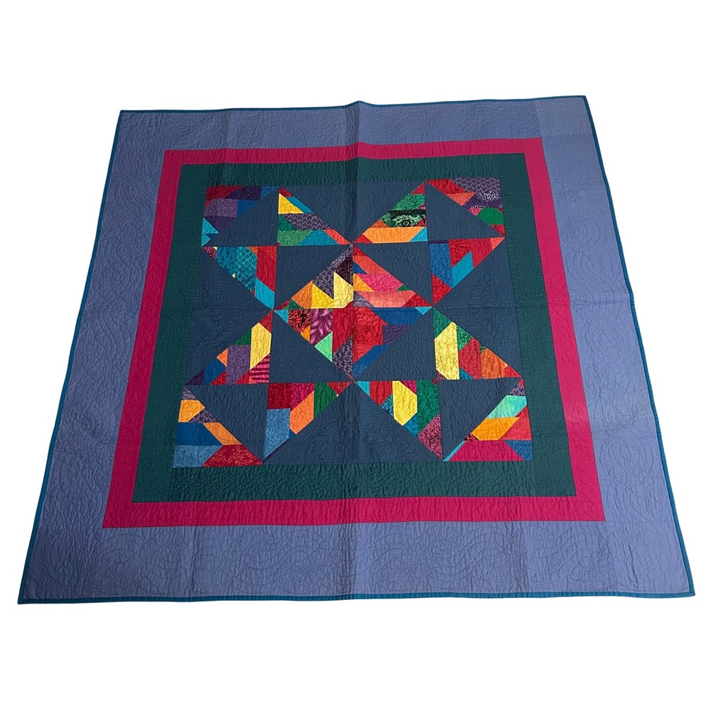 Signed Vintage 1993 Nancy Elliott MacDonald Crazy Patch Star Quilt 50x50 Cotton